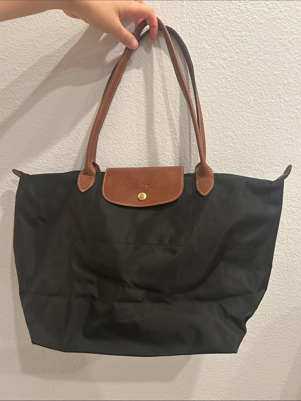 Longchamp Black Tote Bag with Brown Trim - Classic Everyday Shoulder Tote